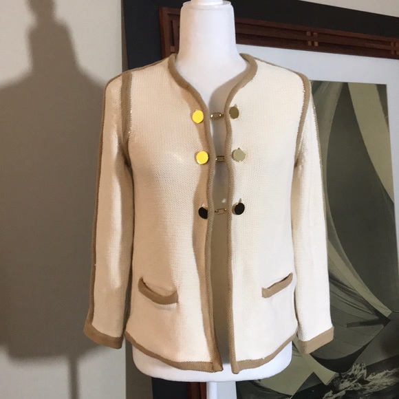 Tory Burch Sweaters - Tory Burch Cream Sweater Jacket Camel Trim Gold